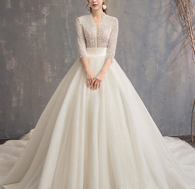 Wedding dress evening dress  bride wedding Europe and The United States heavy industry stand collar big tail show slim ground pompous skirt supply