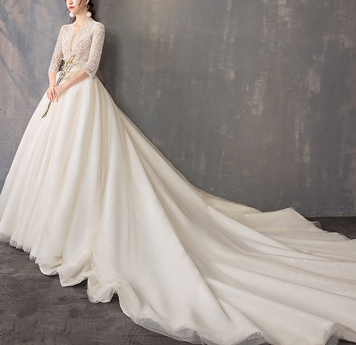 Wedding dress evening dress  bride wedding Europe and The United States heavy industry stand collar big tail show slim ground pompous skirt supply