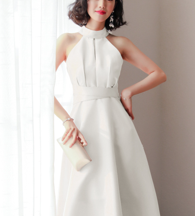 Hang a neck dress Birthday party evening dress series White party annual waist dress