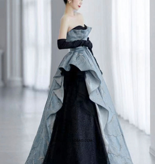 Starry sky grey blue dinner annual performance host Princess wedding dress pompous skirt