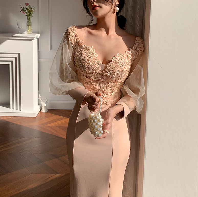 Fishtail evening dress 2022 new slim show texture host dress socialite temperament party dress