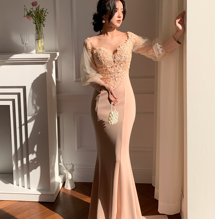 Fishtail evening dress 2022 new slim show texture host dress socialite temperament party dress