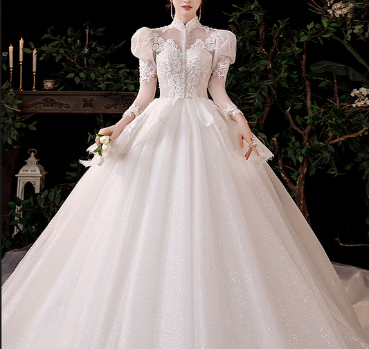 wedding dress evening dress French long sleeve wedding dress white party dress bride heavy dream temperament big tail court wind main yarn