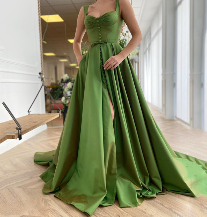 Party dress fashion Design Green Satin A-line long ball gown elegant halter evening gown