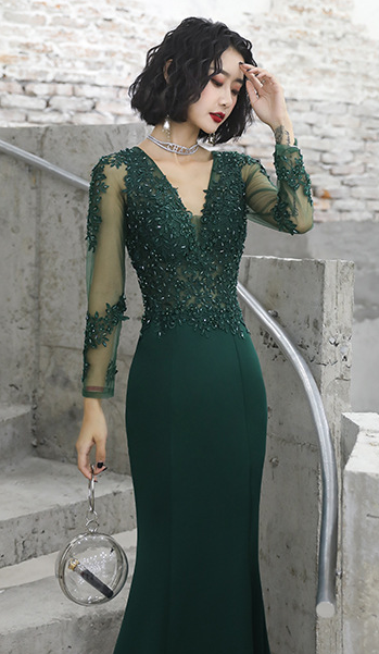 Lace Banquet evening dress Female dark green fishtail long sleeve Queen dress