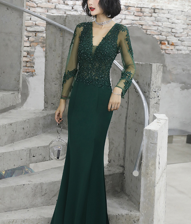 Lace Banquet evening dress Female dark green fishtail long sleeve Queen dress