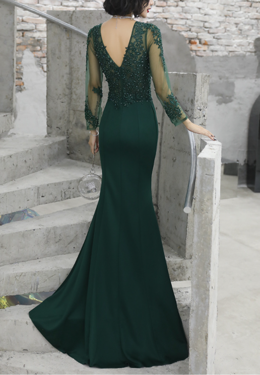 Lace Banquet evening dress Female dark green fishtail long sleeve Queen dress