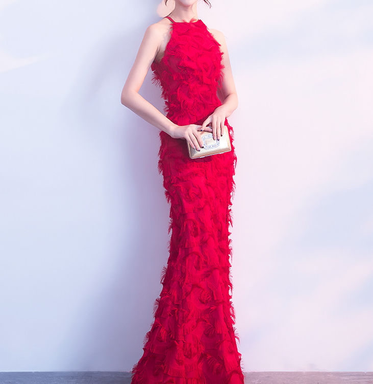 Fishtail toasting dress Bride 2022 New long sexy neck wedding dress Female red dinner evening dress spring