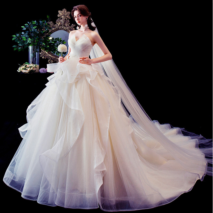 off shoulder dress wedding dress party dress New bride French temperament big tail starry sky sen is a dream dress supply