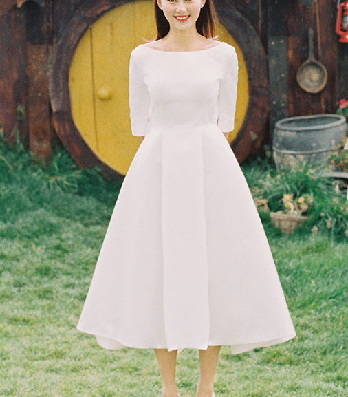 Light wedding dress short sleeve satin one shoulder simple 2021 new mori travel shoot MIDI brides wedding out yarn