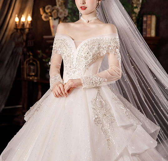 Wedding dress evening dress  bride new one word shoulder long sleeve temperament light palace wind princess big tail