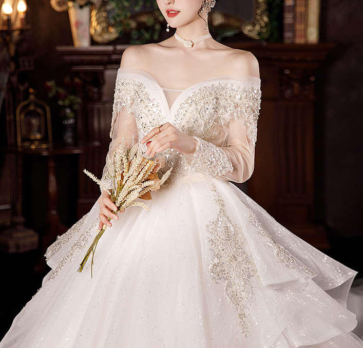 Wedding dress evening dress  bride new one word shoulder long sleeve temperament light palace wind princess big tail