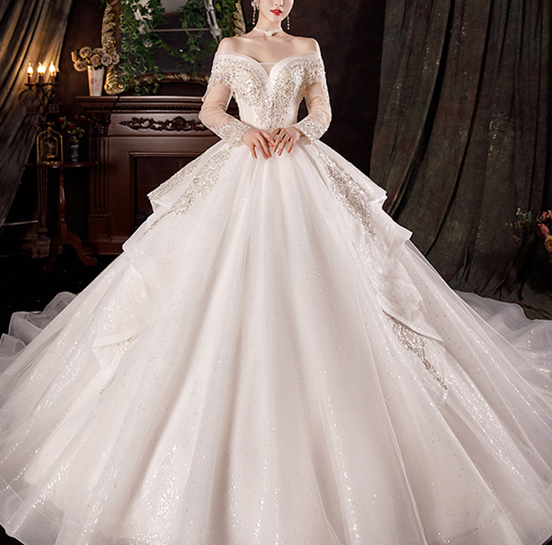 Wedding dress evening dress  bride new one word shoulder long sleeve temperament light palace wind princess big tail