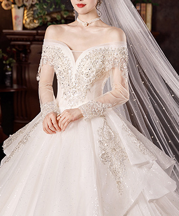 Wedding dress evening dress  bride new one word shoulder long sleeve temperament light palace wind princess big tail