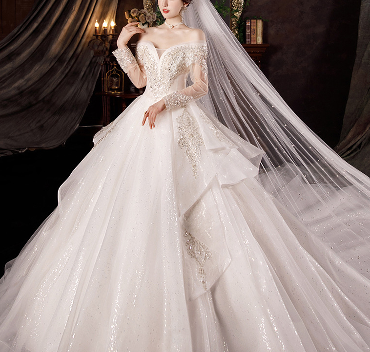 Wedding dress evening dress  bride new one word shoulder long sleeve temperament light palace wind princess big tail