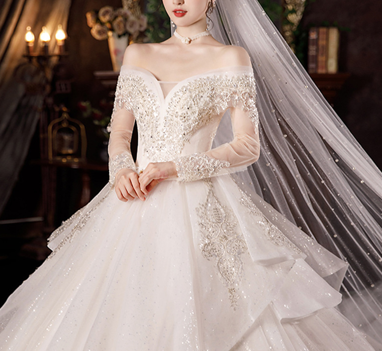 Wedding dress evening dress  bride new one word shoulder long sleeve temperament light palace wind princess big tail