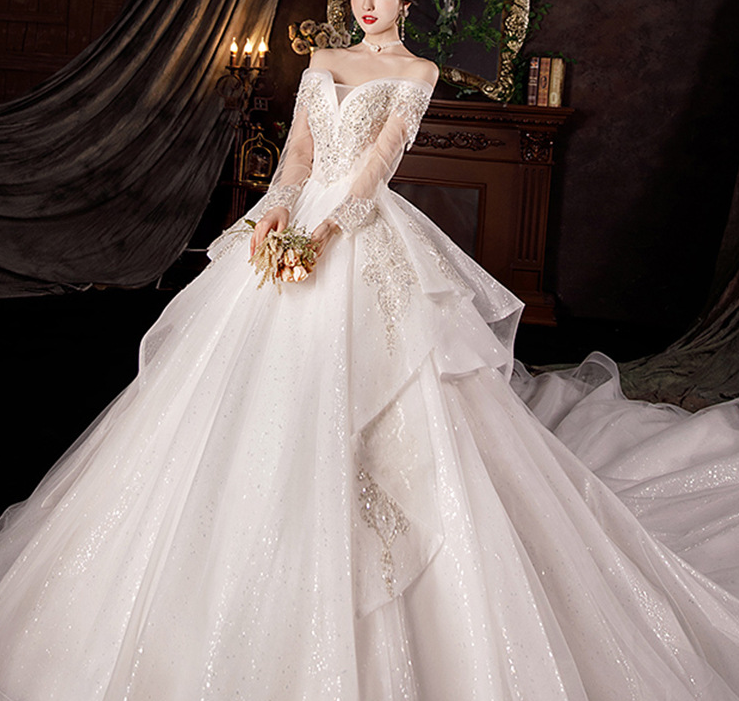 Wedding dress evening dress  bride new one word shoulder long sleeve temperament light palace wind princess big tail