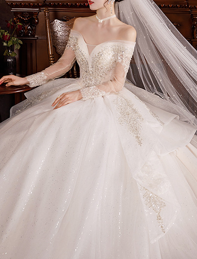 Wedding dress evening dress  bride new one word shoulder long sleeve temperament light palace wind princess big tail