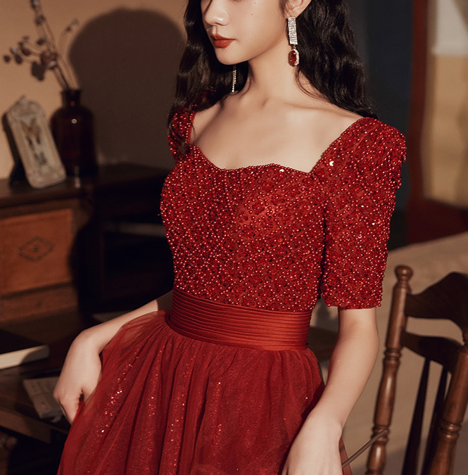 Wine red Evening dress  pearl dress for dinner  party dress  bride temperament female banquet wine red usually can wear engagement skirt waist toasting