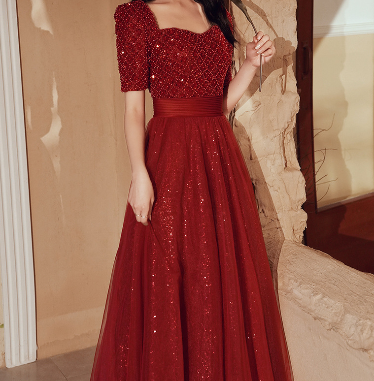 Wine red Evening dress  pearl dress for dinner  party dress  bride temperament female banquet wine red usually can wear engagement skirt waist toasting