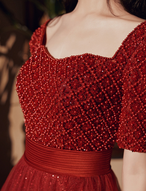 Wine red Evening dress  pearl dress for dinner  party dress  bride temperament female banquet wine red usually can wear engagement skirt waist toasting