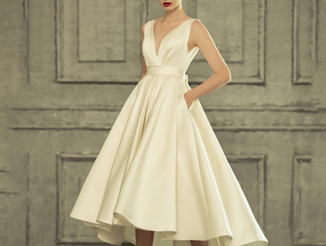 Short on the front and long on the back, simple satin wedding dress for Audrey Hepburn