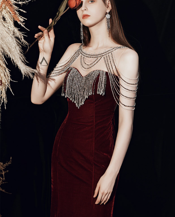 red dress burgundy dress off shoulder sexy Evening dress banquet ladies fashion dignified atmosphere 2022 new performance dress host party long dress