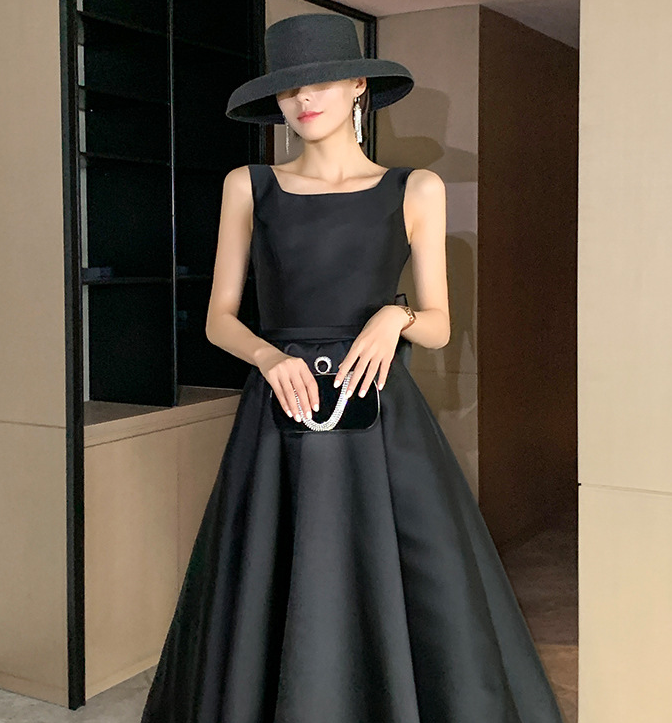 Black Evening satin dress Hepburn style party dress