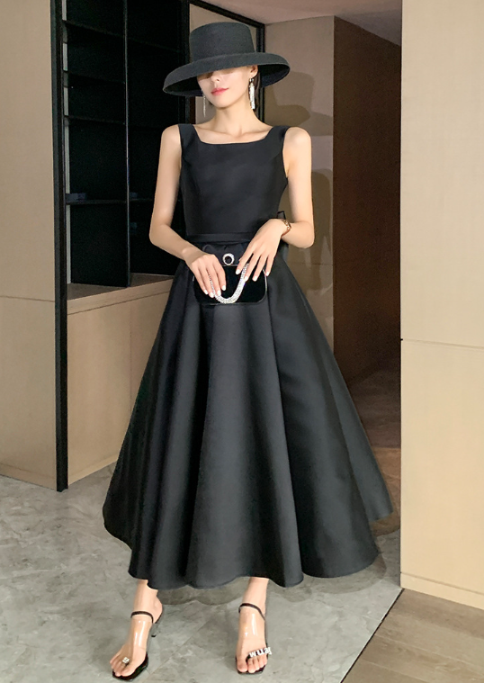 Black Evening satin dress Hepburn style party dress