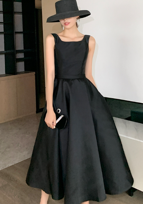 Black Evening satin dress Hepburn style party dress