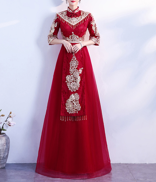 Wine red toasting dress bride 2022 new slimming Chinese Cheongsam xiuhe dress wedding dress woman