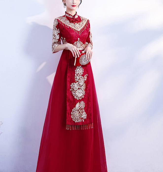 Wine red toasting dress bride 2022 new slimming Chinese Cheongsam xiuhe dress wedding dress woman