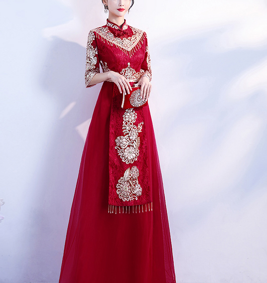 Wine red toasting dress bride 2022 new slimming Chinese Cheongsam xiuhe dress wedding dress woman