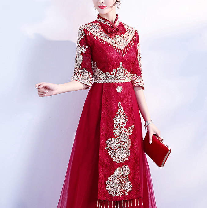 Wine red toasting dress bride 2022 new slimming Chinese Cheongsam xiuhe dress wedding dress woman