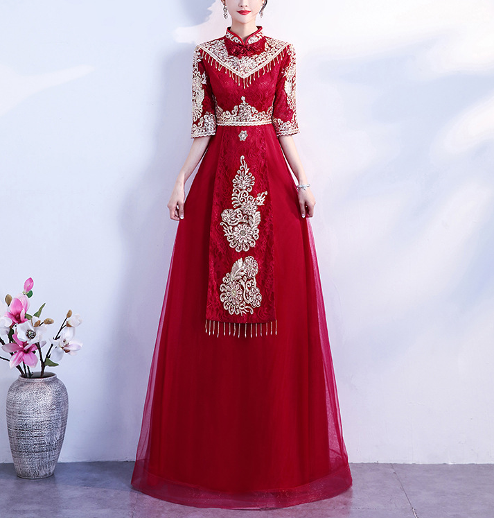 Wine red toasting dress bride 2022 new slimming Chinese Cheongsam xiuhe dress wedding dress woman