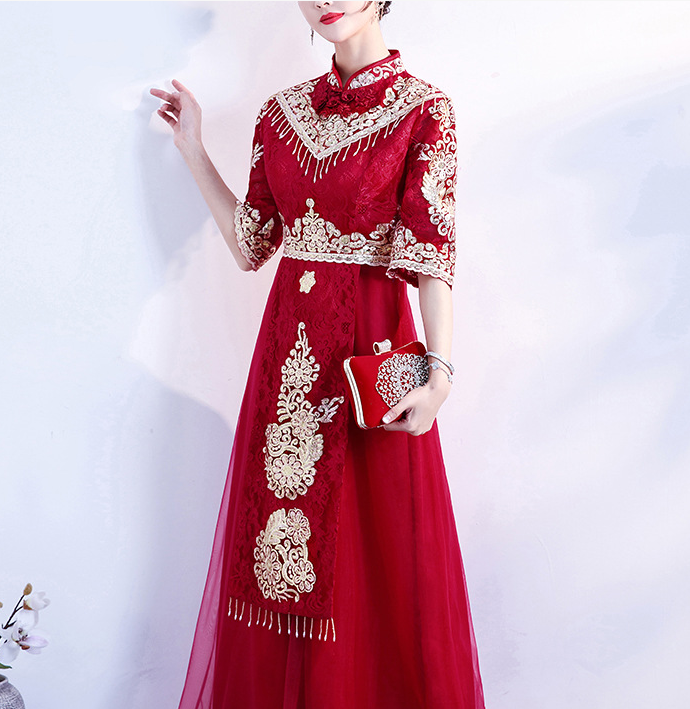 Wine red toasting dress bride 2022 new slimming Chinese Cheongsam xiuhe dress wedding dress woman