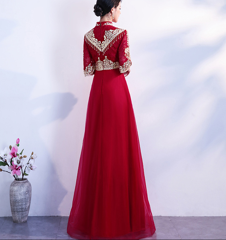 Wine red toasting dress bride 2022 new slimming Chinese Cheongsam xiuhe dress wedding dress woman