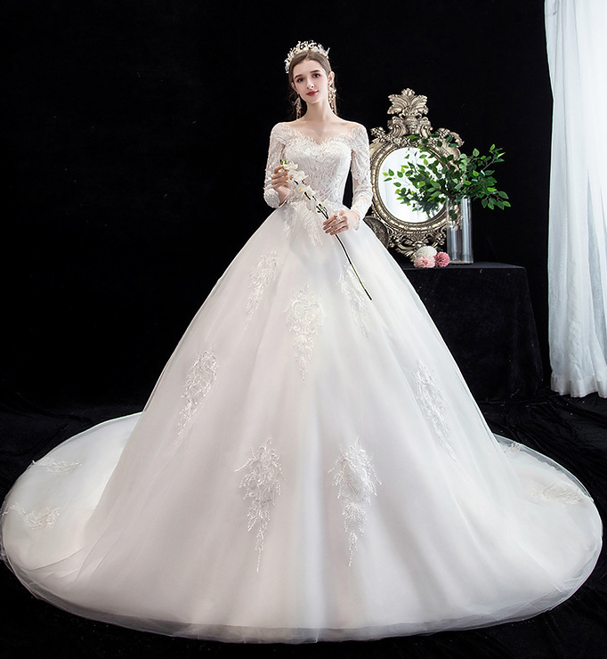 Main wedding dress 2022 new bride wedding dress long sleeves luxury big tail sen is super fairy dream princess