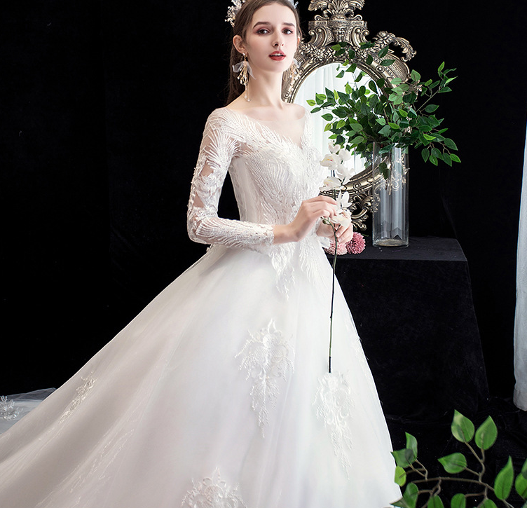 Main wedding dress 2022 new bride wedding dress long sleeves luxury big tail sen is super fairy dream princess