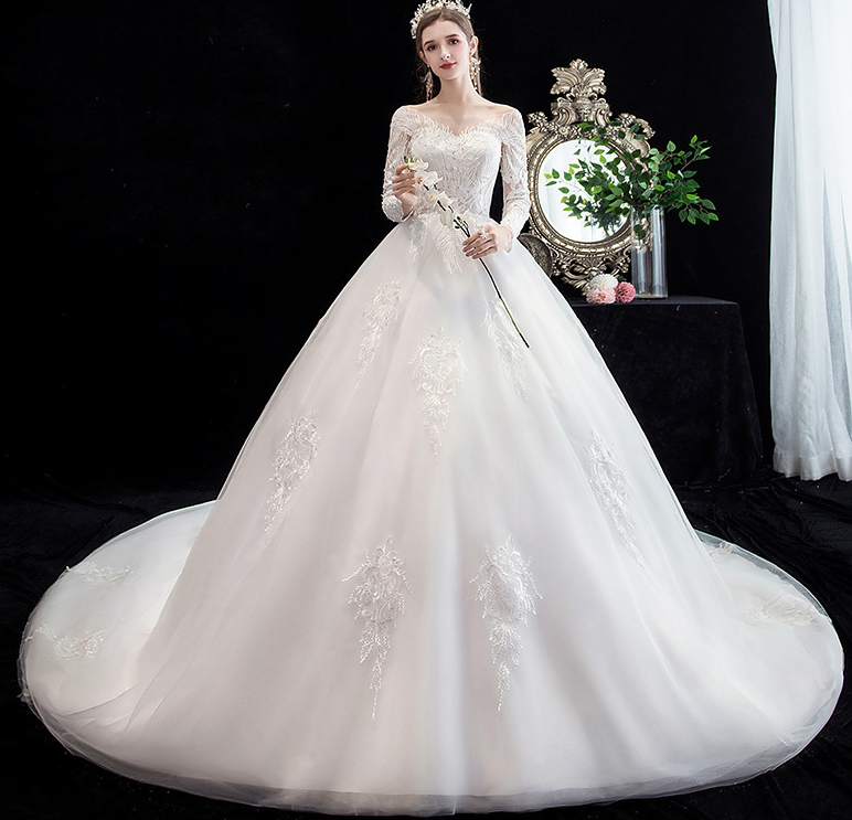 Main wedding dress 2022 new bride wedding dress long sleeves luxury big tail sen is super fairy dream princess