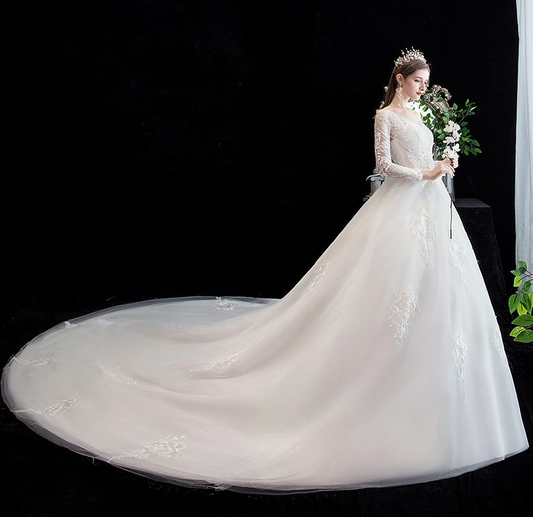 Main wedding dress 2022 new bride wedding dress long sleeves luxury big tail sen is super fairy dream princess