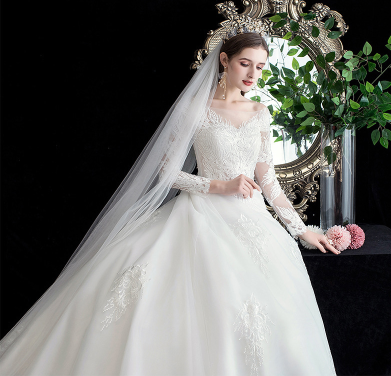 Main wedding dress 2022 new bride wedding dress long sleeves luxury big tail sen is super fairy dream princess