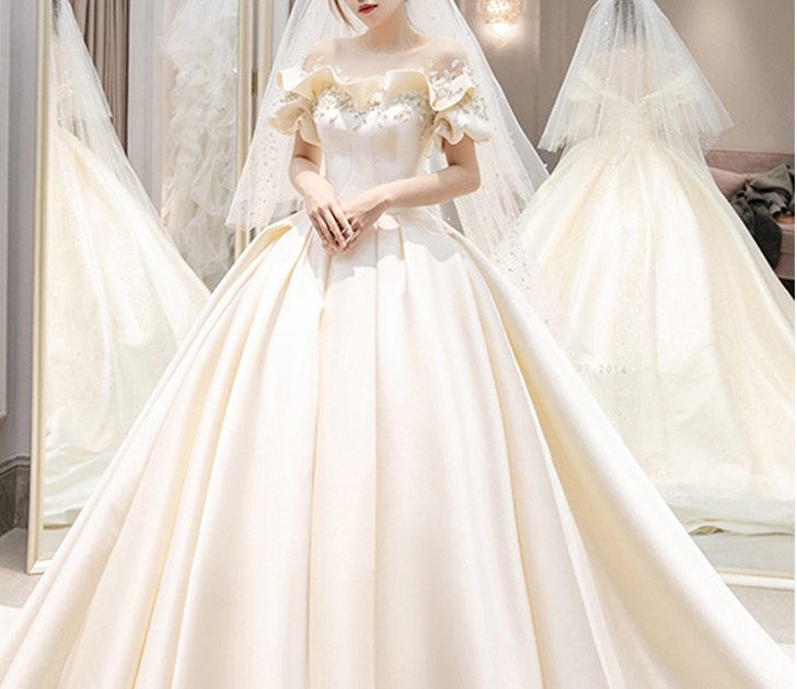 One word shoulder satin master wedding dress 2022 New bride premium tail French light simple retro small