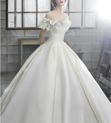 One word shoulder satin master wedding dress 2022 New bride premium tail French light simple retro small