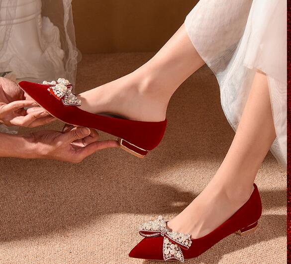 Wedding shoes Female flat diamond show he dress wedding dress two wear 2022 new bridal shoes red