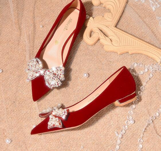 Wedding shoes Female flat diamond show he dress wedding dress two wear 2022 new bridal shoes red