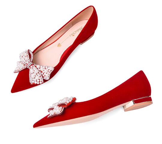 Wedding shoes Female flat diamond show he dress wedding dress two wear 2022 new bridal shoes red