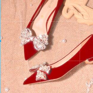 Wedding shoes Female flat diamond show he dress wedding dress two wear 2022 new bridal shoes red