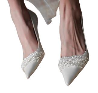 New style square button pointed satin high heel single shoes for women with white pearl main wedding dress bride