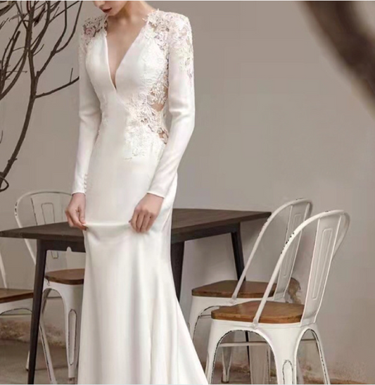 New summer satin satin lace long sleeve V-neck Fishtail Sen trade light wedding dress